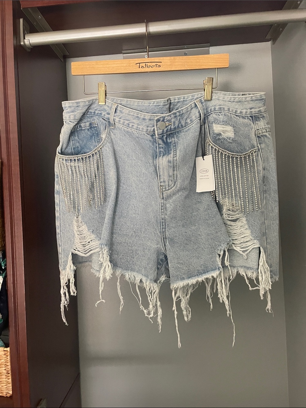 Cider Light Blue Distressed Denim Shorts with Rhinestone Fringe